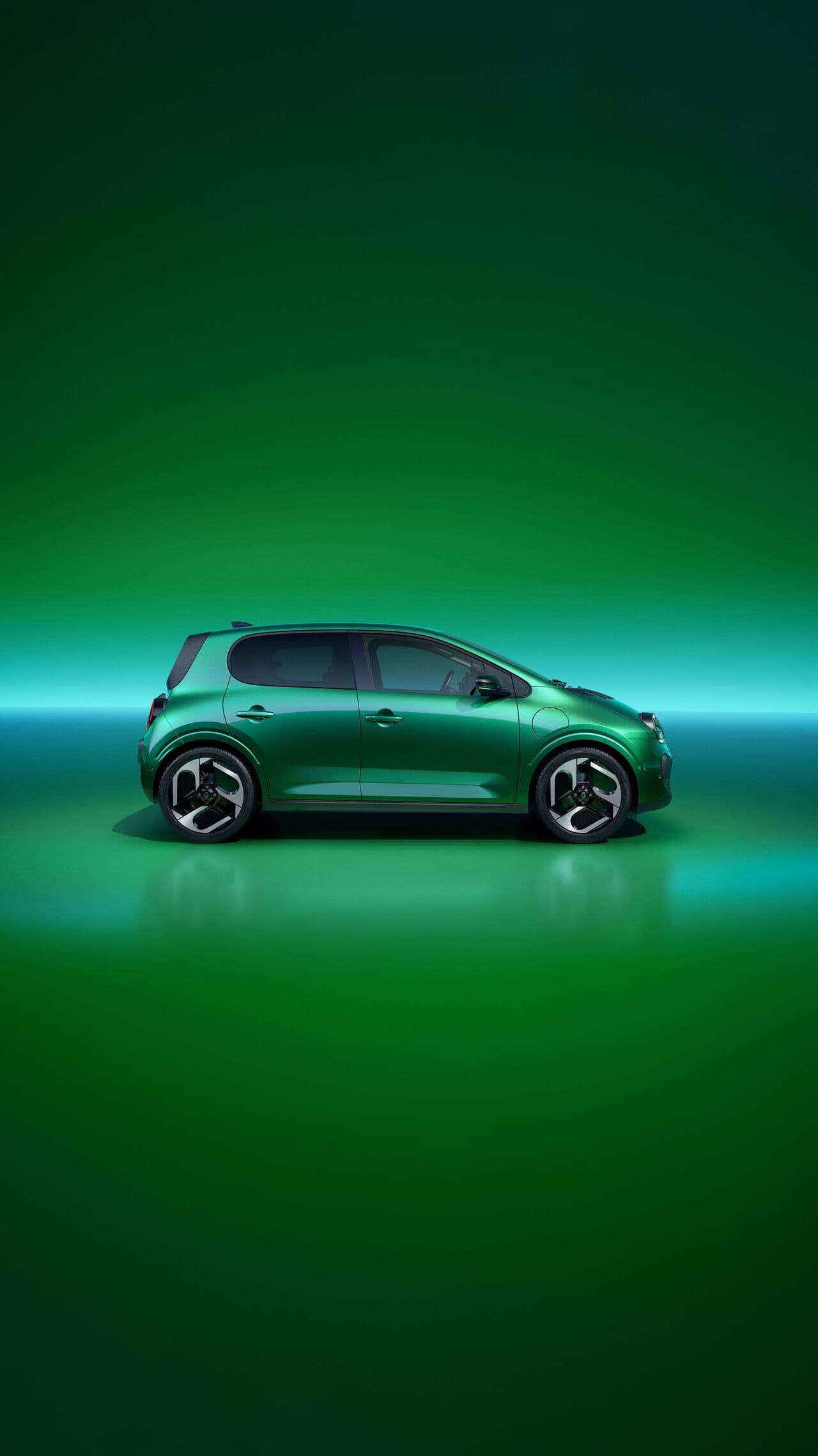 Renault Twingo E-Tech in Vert Absolu, Seitenansicht